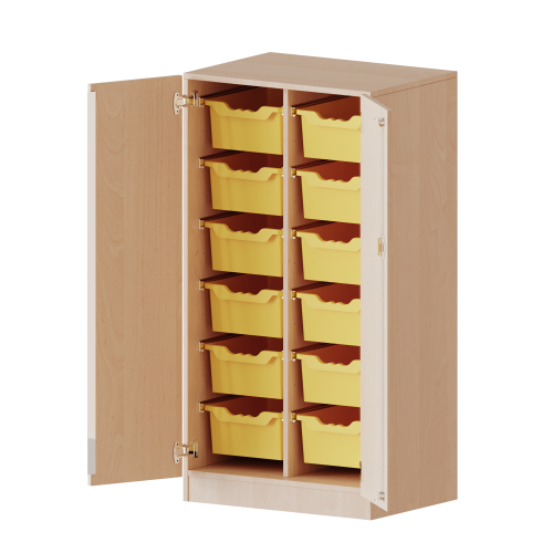 ErgoTray Schrank, zweireihig, 3,5 Ordnerhöhen - evo180 Serie B/H/T: 70,3x136x50 cm, zweitürig, mit Sockel (81 mm), mit 12 hohen ErgoTray Boxen
