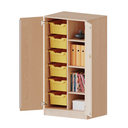 ErgoTray Schrank, zweireihig, 3,5 Ordnerhöhen - evo180 Serie B/H/T: 70,3x136x50 cm, zweitürig, mit Sockel (81 mm), mit 6 hohen ErgoTray Boxen