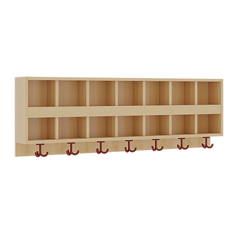 doppelte Garderobenablage mit Blende B/H/T: 140x46x20 cm, aus feuerhemmendem Material, 2x7 Fächer und Blende, 7 St. 3fach-Haken, oben offene Unterteilungen