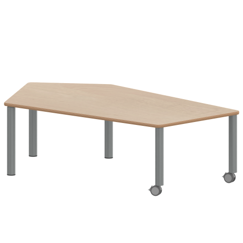Tisch ZALOTTI mit Schichtstoff-Belag Fünfecktisch-groß, Stellfläche B/T: 185x104 cm, Höhen 25…76 cm, Stahlrohrbeine Ø 60 mm, Fußvariante: fahrbar