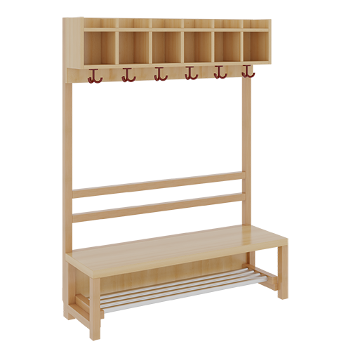 Komplettgarderobe mit einfacher Ablagereihe B/H/T: 120x130x39 cm, 6 Plätze, Sitzhöhe: 34 cm, offene Stütze in Buche-massiv, mit Schuhrost aus Aluminiumrohren