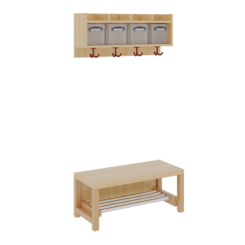 Komplettgarderobe mit einfacher Ablage inklusive Boxen B/T: 80x35 cm, 4 Plätze, Sitzhöhe 42 cm, 2teilig ohne Stütze, Ablage zur Wandmontage, Schuhrost aus Aluminiumrohren