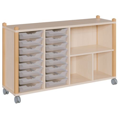 fahrbares Regal in Stollenbauweise B/T: 143,3x40 cm, 4reihig in 3 verschiedenen Höhen, unterschiedlich hohe ErgoTray-Boxen und Fächer
