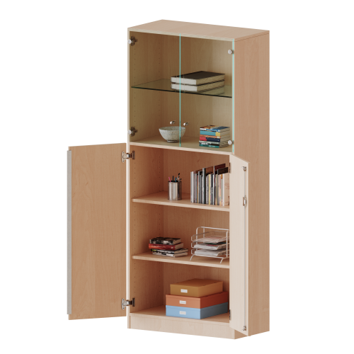 Schrank, 5 Ordnerhöhen, unten Türen (3 OH), oben Vitrinentüren (2 OH) - Serie evo180 Gesamthöhe 190 cm, 2 geschlossene und 2 Glas-Türen, abschließbar, mit Sockel (81 mm)
