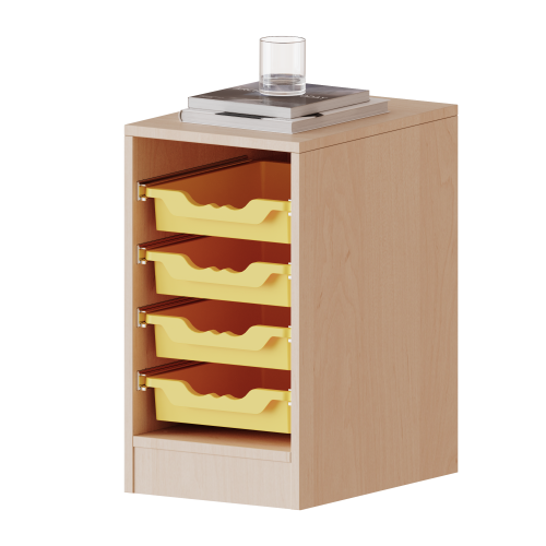 ErgoTray Regal, einreihig, 1,5 Ordnerhöhen - evo180 Serie Breite 36,1 cm, Gesamthöhe 64 cm, mit Sockel, 4 flache ErgoTray Boxen