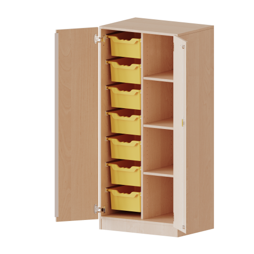 ErgoTray Schrank, zweireihig, 4 Ordnerhöhen - evo180 Serie B/H/T: 70,3x154x50 cm, zweitürig, mit Sockel (81 mm), mit 7 hohen ErgoTray Boxen