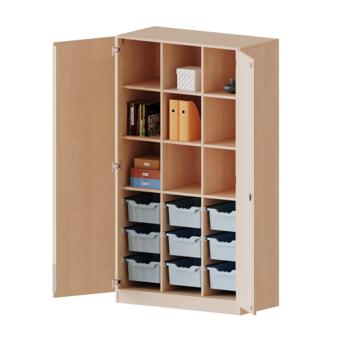 ErgoTray Schrank, dreireihig, 5 Ordnerhöhen - evo180 Serie B/H/T: 104,5x190x50 cm, zweitürig, mit Sockel (81 mm), mit 2 Mittelwänden, mit 9 hohen ErgoTray Boxen