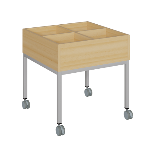 Büchertrog Holz mit 4 Fächern, Stahlgestell B/H/T: 70x64x70 cm, fahrbar auf 4 leichtlaufende Rollen, 2 feststellbar Büchertrog Holz mit 4 Fächern, Stahlgestell B/H/T: 70x64x70 cm, fahrbar auf 4 leichtlaufende Rollen, 2 feststellbar