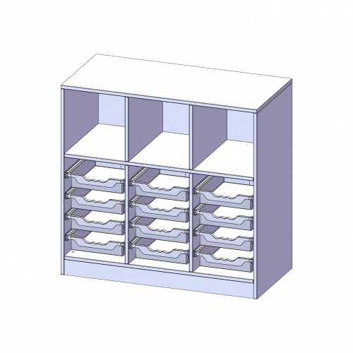 ErgoTray Regal, dreireihig, 2,5 Ordnerhöhen - evo180 Serie B/H/T: 104,5x100x50 cm, mit Sockel (81 mm), oben 3 Fächer, unten 12 flache ErgoTray Boxen