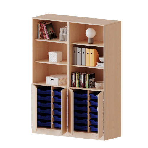 ErgoTray Kombi-Schrank, vierreihig, zweiteilig, 5 Ordnerhöhen - evo180 Serie B/H/T: 140,6x190x50 cm, unten 2 OH Türen und 24 flache ErgoTray Boxen, oben 3 OH Regal, mit Sockel (81 mm), mit Mittelwand