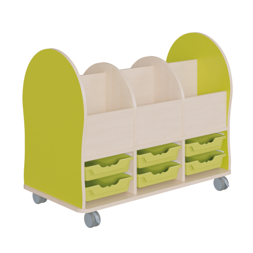 Bücherwagen Leseratte Midi H/T: 86x55 cm, farbige gerundete Seiten, Fächer und ErgoTray-Kästen