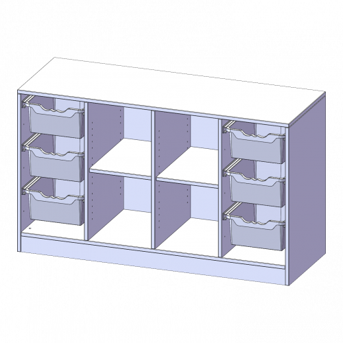 ErgoTray Regal, vierreihig, 2 Ordnerhöhen - evo180 Serie B/H/T: 138,7x82x50 cm, mit Sockel (81 mm), rechts und links je 3 hohe ErgoTray Boxen, in der Mitte 4 offene Fächer