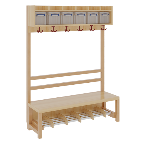 Komplettgarderobe mit einfacher Ablage inklusive Boxen B/H/T: 120x158x39 cm, 6 Plätze, Sitzhöhe 42 cm, offene Stütze, Schuhrost aus Aluminiumrohren mit Trennungen