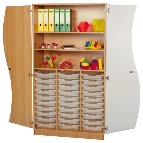 Hochschrank mit Wellentüren, 30 flache ErgoTray Boxen & 2 Einlegeböden B/H/T: 104,5x190x50 cm