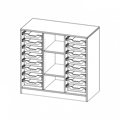 ErgoTray Regal, dreireihig, 2,5 Ordnerhöhen - evo180 Serie B/H/T: 104,5x100x50 cm, mit Sockel (81 mm), rechts und links je 8 flache ErgoTray Boxen, 3 Fächer in der Mitte