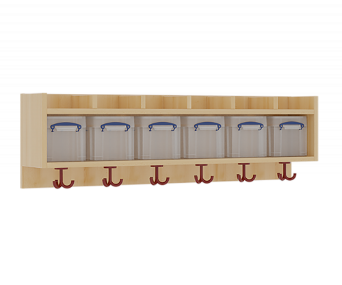 einfache Garderobenablage B/H/T: 120x34,5x27 cm, oben 6 flache, nach oben offene Ablagen, darunter 6 Kunststoffboxen mit Deckel, unten 3fach-Haken