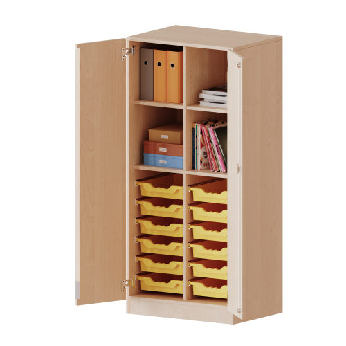 ErgoTray Schrank, zweireihig, 4 Ordnerhöhen - evo180 Serie B/H/T: 70,3x154x50 cm, zweitürig, mit Sockel (81 mm), mit 12 flachen ErgoTray Boxen