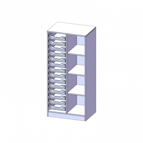ErgoTray Regal, zweireihig, 4 Ordnerhöhen - evo180 Serie B/H/T: 70,3x154x50 cm, mit Sockel (81 mm), rechts 4 Fächer, links 14 flache ErgoTray Boxen