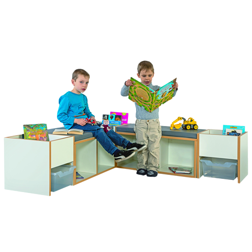Leseinsel Sitzecke mit Sitzpolster B/H/T: 154x40x154 cm, 2 Bänke mit Sitzpolster, 2 Bücherkisten mit Ergotray Box, Innenecke Leseinsel Sitzecke mit Sitzpolster B/H/T: 154x40x154 cm, 2 Bänke mit Sitzpolster, 2 Bücherkisten mit Ergotray Box, Innenecke