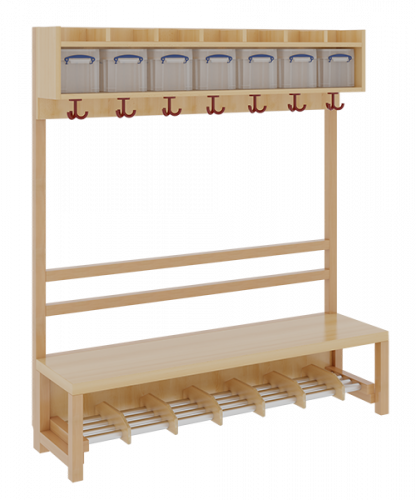 Komplettgarderobe mit einfacher Ablage inklusive Boxen B/H/T: 140x130x39 cm, 7 Plätze, Sitzhöhe 26 cm, offene Stütze, Schuhrost aus Aluminiumrohren mit Trennungen