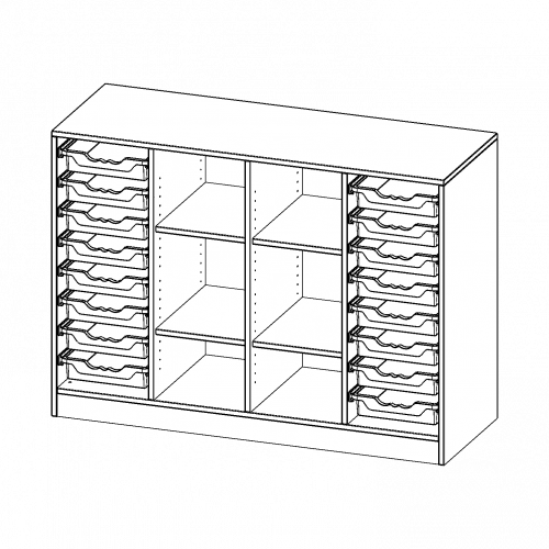 ErgoTray Regal, vierreihig, 2,5 Ordnerhöhen - evo180 Serie B/H/T: 138,7x100x50 cm, mit Sockel (81 mm), rechts und links je 8 flache ErgoTray Boxen, in der Mitte 6 offene Fächer