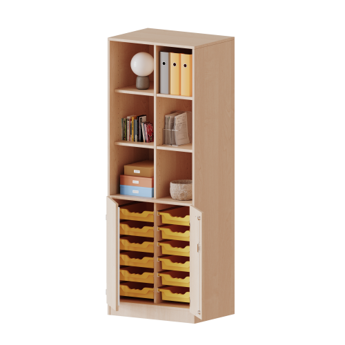ErgoTray Kombi-Schrank, zweireihig, 5 Ordnerhöhen - evo180 Serie B/H/T: 70,3x190x50 cm, unten 2 OH Türen, Sockel und 12 flache ErgoTray Boxen, oben 3 OH Regal, mit Mittelwand