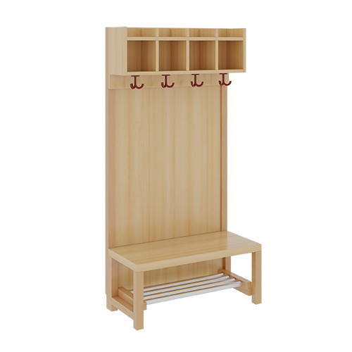 Komplettgarderobe mit einfacher Ablagereihe B/H/T: 80x130x39 cm, 4 Plätze, Sitzhöhe: 26 cm, Stütze mit Paneelrückwand, mit Schuhrost aus Aluminiumrohren
