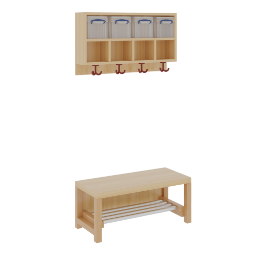 Komplettgarderobe mit doppelter Ablagereihe inklusive Boxen ohne Stütze, zweiteilig, Ablage zur Wandmontage, Aluminiumrost, wahlweise Facheinteilung, T: 35 cm