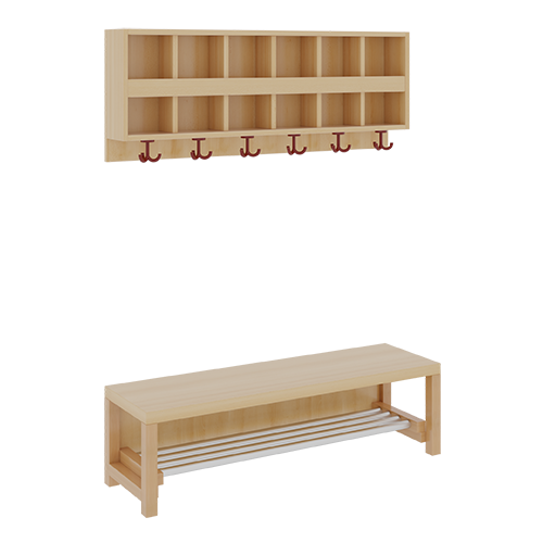 Komplettgarderobe mit doppelter Ablagereihe B/T: 120x35 cm, 6 Plätze, Sitzhöhe: 42 cm, 2teilig ohne Stütze, Ablage zur Wandmontage, mit Schuhrost aus Aluminiumrohren