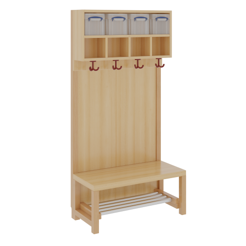 Komplettgarderobe mit doppelter Ablagereihe inklusive Boxen Stütze mit Paneelrückwand, Aluminiumrost, wahlweise Facheinteilung, T: 39 cm