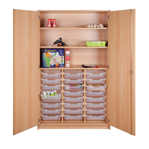 Werkschrank mit ErgoTray-Boxen und 2 Einlegeböden B/H/T: 110x180x50 cm, Ausstattung mit ErgoTray-Boxen in unterschiedlicher Höhe und Anzahl und 2 großen Einlegeböden