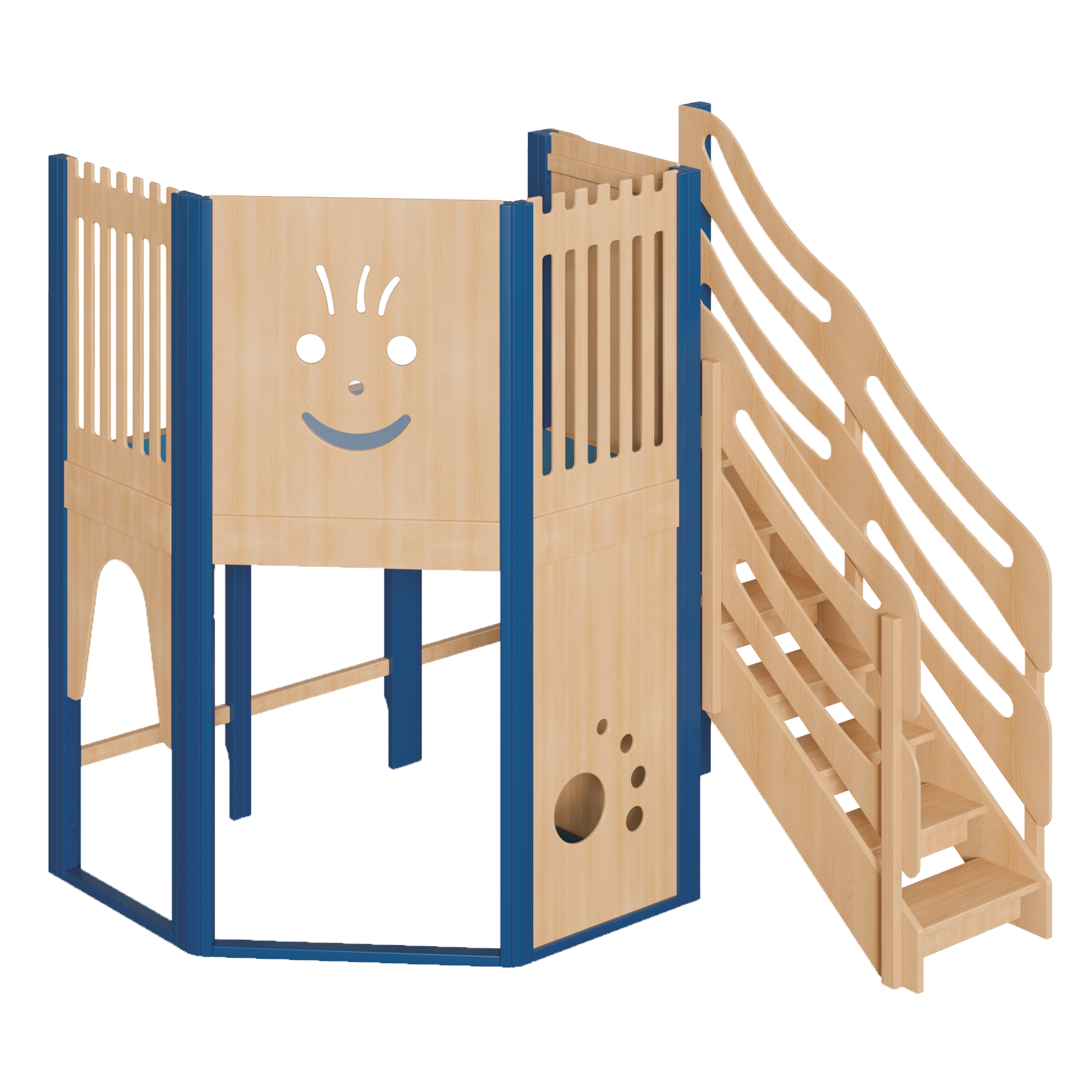 Spielburg, komplett in großer Höhe B/H/T: 228x240x158 cm, 2seitig wandmontiert, Schräge im Grundriss, Treppe als Aufgang, Fußboden mit Linoleum