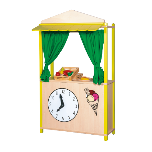 Verkaufsstand in Stollenbauweise mit Vordach B/H/T: 106x195x40 cm, mit Vorhang, Innenseite 2 Fachböden