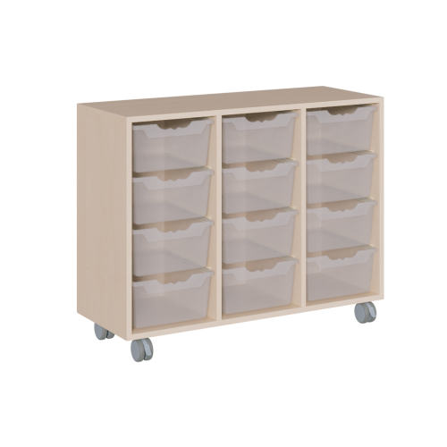 fahrbares Regal in Korpusbauweise B/T: 105x40 cm, 3 verschiedene Höhen, in 3 Reihen unterschiedlich hohe ErgoTray-Boxen