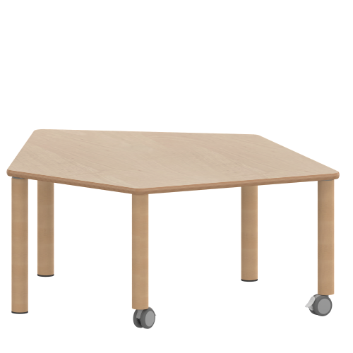 Tisch ZALOTTI mit Schichtstoff-Belag Fünfecktisch-klein, Stellfläche B/T: 121x110 cm, Höhen 25…76 cm, Massivholzbeine Ø 60 mm, Fußvariante: fahrbar Tisch ZALOTTI mit Schichtstoff-Belag Fünfecktisch-klein, Stellfläche B/T: 121x110 cm, Höhen 25…76 cm, Massivholzbeine Ø 60 mm, Fußvariante: fahrbar