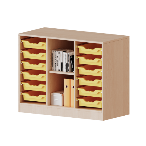 ErgoTray Regal, dreireihig, 2 Ordnerhöhen - evo180 Serie Breite 104,5 cm, Gesamthöhe 82 cm, mit Sockel, rechts und links je 6 flache ErgoTray Boxen, 2 Fächer in der Mitte ErgoTray Regal, dreireihig, 2 Ordnerhöhen - evo180 Serie Breite 104,5 cm, Gesamthöhe 82 cm, mit Sockel, rechts und links je 6 flache ErgoTray Boxen, 2 Fächer in der Mitte