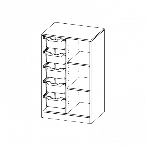 ErgoTray Regal, zweireihig, 3 Ordnerhöhen - evo180 Serie B/H/T: 70,3x118x50 cm, mit Sockel (81 mm), rechts 3 Fächer, links 5 hohe ErgoTray Boxen