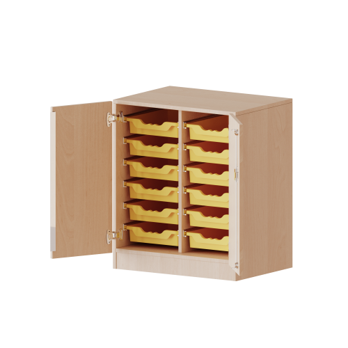 ErgoTray Schrank, zweireihig, 2 Ordnerhöhen - evo180 Serie Breite 70,3 cm, Gesamthöhe 82 cm, zweitürig, mit Sockel, mit 12 flachen ErgoTray Boxen