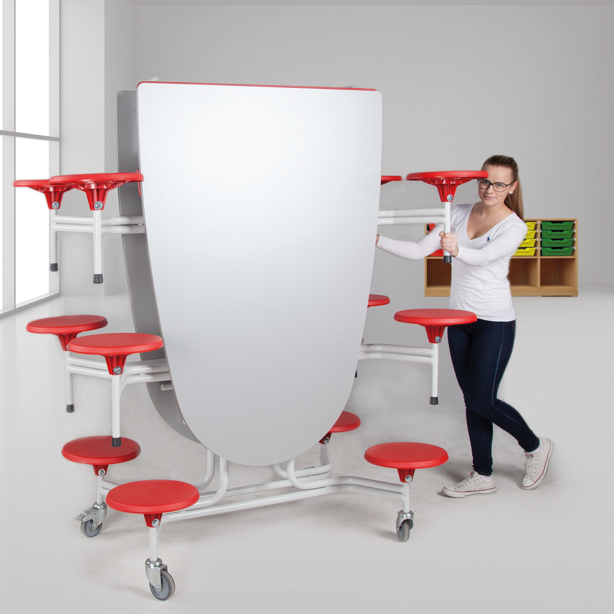 Spaceflex 2.0 Klapptisch mit integrierten Stühlen, oval, melaminharzbeschichteter Spanplatte B/H/T: 305x74x107 cm, 12 Sitze Farbe Gelb, Sitzhöhe 46 cm