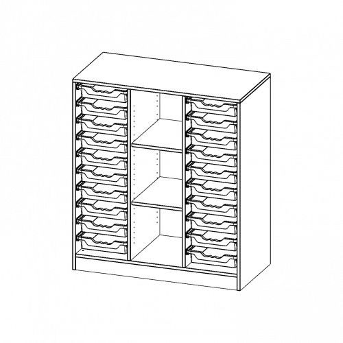 ErgoTray Regal, dreireihig, 3 Ordnerhöhen - evo180 Serie B/H/T: 104,5x118x50 cm, mit Sockel (81 mm), rechts und links je 10 flache ErgoTray Boxen, 3 Fächer in der Mitte