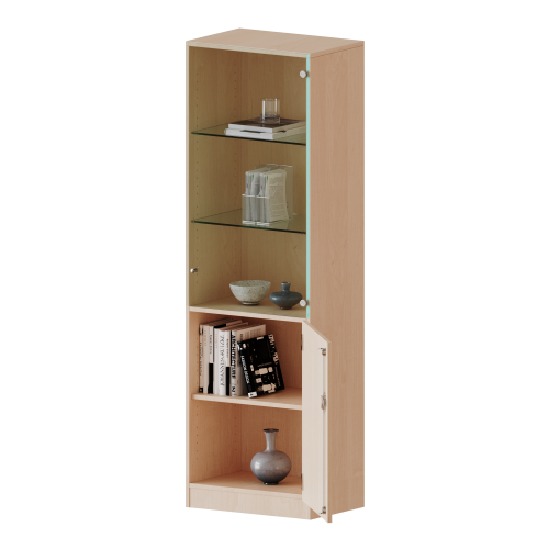 Schrank, 5 Ordnerhöhen, unten Tür (2 OH), oben Vitrinentür (3 OH) - Serie evo180 Breite 60 cm, Gesamthöhe 190 cm, 1 geschlossene und 1 Glas-Tür, abschließbar, mit Sockel (81 mm)