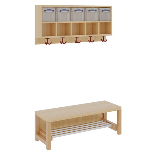 Komplettgarderobe mit doppelter Ablagereihe inklusive Boxen B/T: 100x35 cm, 5 Plätze, Sitzhöhe 26 cm, 2teilig ohne Stütze, Ablage zur Wandmontage, mit Alurohr-Schuhrost