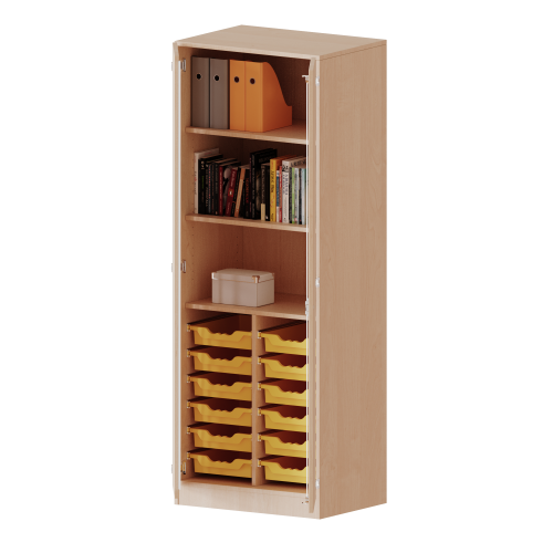 ErgoTray Schrank, zweireihig, 5 Ordnerhöhen - evo180 Serie B/H/T: 70,3x190x50 cm, zweitürig, mit Sockel (81 mm), mit 12 flachen ErgoTray Boxen