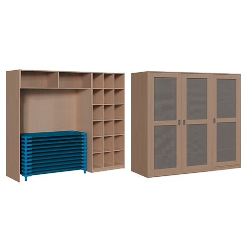 Schrank für Stapelliegen B/H/T: 226x190x67 cm, für max. 20 Liegen, 20 Bettzeugfächer, mit Lochblechtüren Schrank für Stapelliegen B/H/T: 226x190x67 cm, für max. 20 Liegen, 20 Bettzeugfächer, mit Lochblechtüren