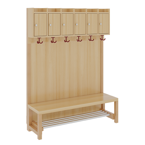 Komplettgarderobe mit Ablagen und Türen B/H/T: 120x158x39 cm, 6 Plätze, Sitzhöhe: 42 cm, Stütze mit Paneelrückwand, mit Schuhrost aus Aluminiumrohren