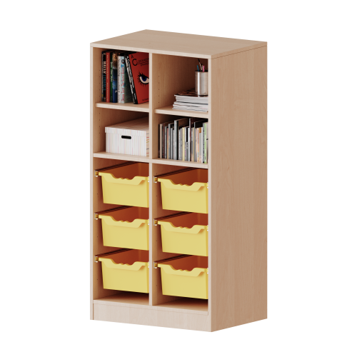 ErgoTray Regal, zweireihig, 3,5 Ordnerhöhen - evo180 Serie Breite 70,3 cm, Gesamthöhe 136 cm, mit Sockel, oben 4 Fächer, unten 6 hohe ErgoTray Boxen