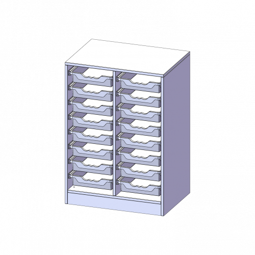 ErgoTray Regal, zweireihig, 2,5 Ordnerhöhen - evo180 Serie B/H/T: 70,3x100x50 cm, fahrbar, 16 flache ErgoTray Boxen