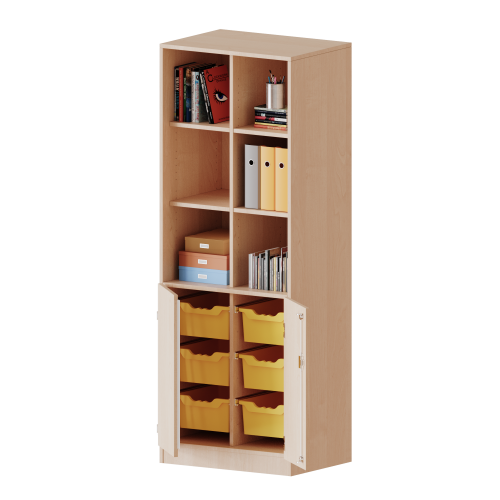 ErgoTray Kombi-Schrank, zweireihig, 5 Ordnerhöhen - evo180 Serie B/H/T: 70,3x190x50 cm, unten 2 OH Türen und 6 hohe ErgoTray Boxen, oben 3 OH Regal, Sockel, mit Mittelwand