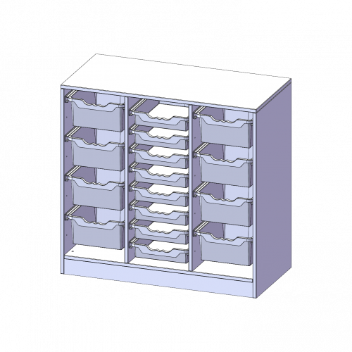 ErgoTray Regal, dreireihig, 2,5 Ordnerhöhen - evo180 Serie B/H/T: 104,5x100x50 cm, mit Sockel (81 mm), rechts und links je 4 hohe, in der Mitte 8 flache ErgoTray Boxen