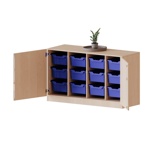 ErgoTray Schrank, vierreihig, 2 Ordnerhöhen - evo180 Serie Breite 138,7 cm, Gesamthöhe 82 cm, zweiteilig, zweitürig, mit Sockel, mit 12 hohen ErgoTray Boxen